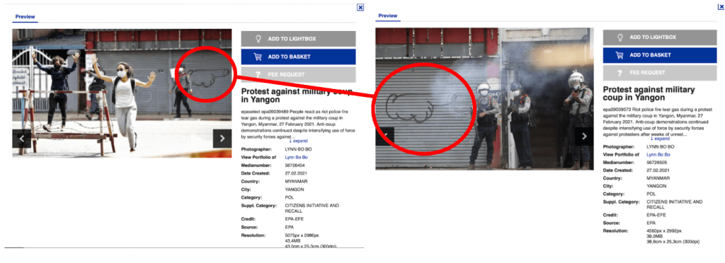 Two photos of police and protesters