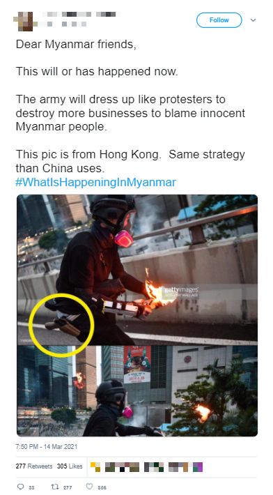 A screenshot from Twitter where the protester can be seen lighting and throwing a molotov cocktail. 