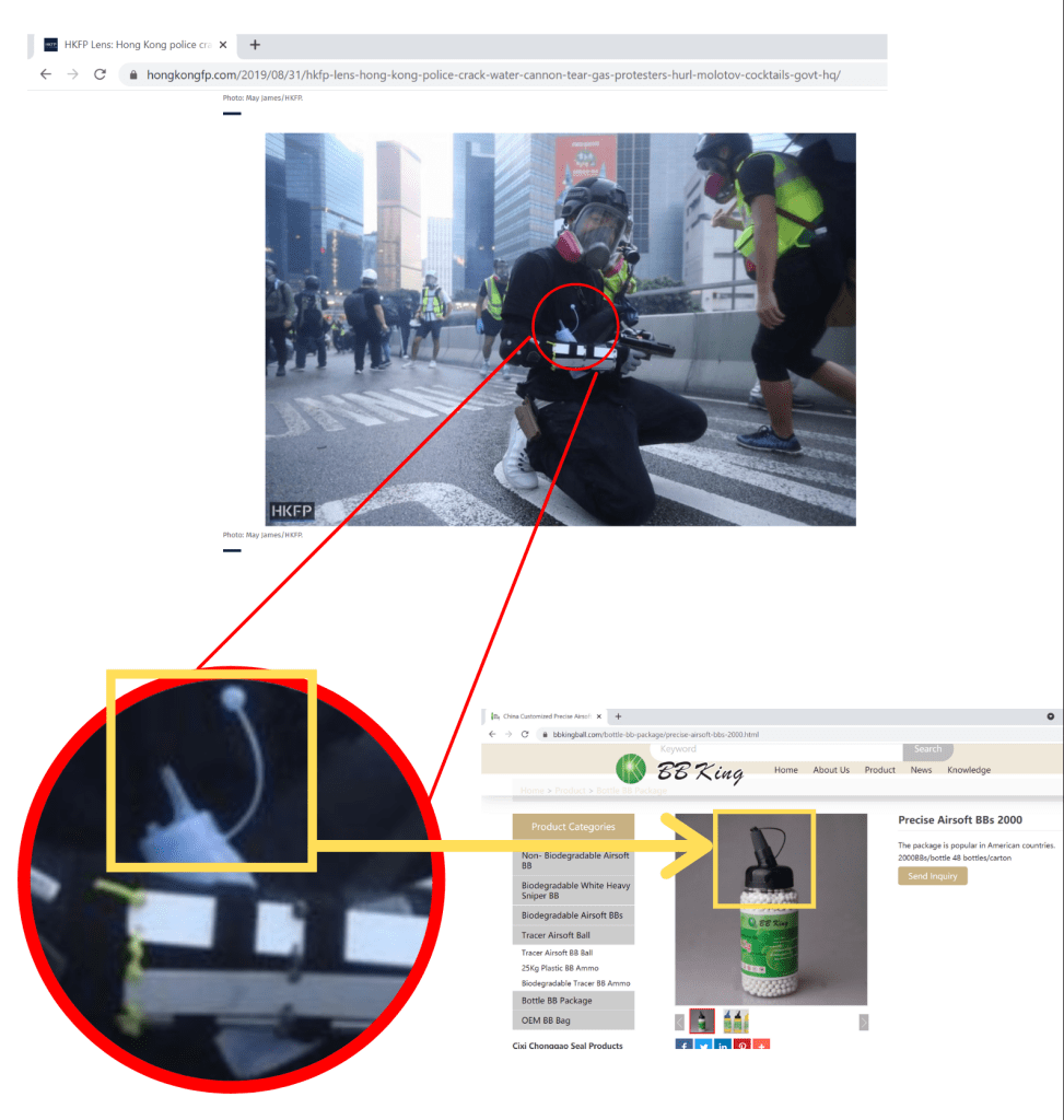 The protestor was holding a BB gun pellet bottle while kneeling that is zoomed in on and compared to similar pellet bottle containers from manufacturer BB King. 