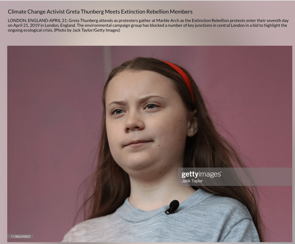A screenshot of the image taken by photographer Jack Taylor on April 21, 2019. The caption of the photo says Thunberg met with protesters from Extinction Rebellion, an environmental campaign group.