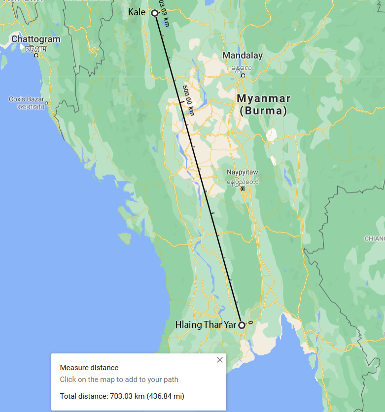 Map of distance from Hlaing Thar Yar to Kalay