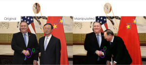 Comparison of the original and manipulated photos of Yang and Pompeo