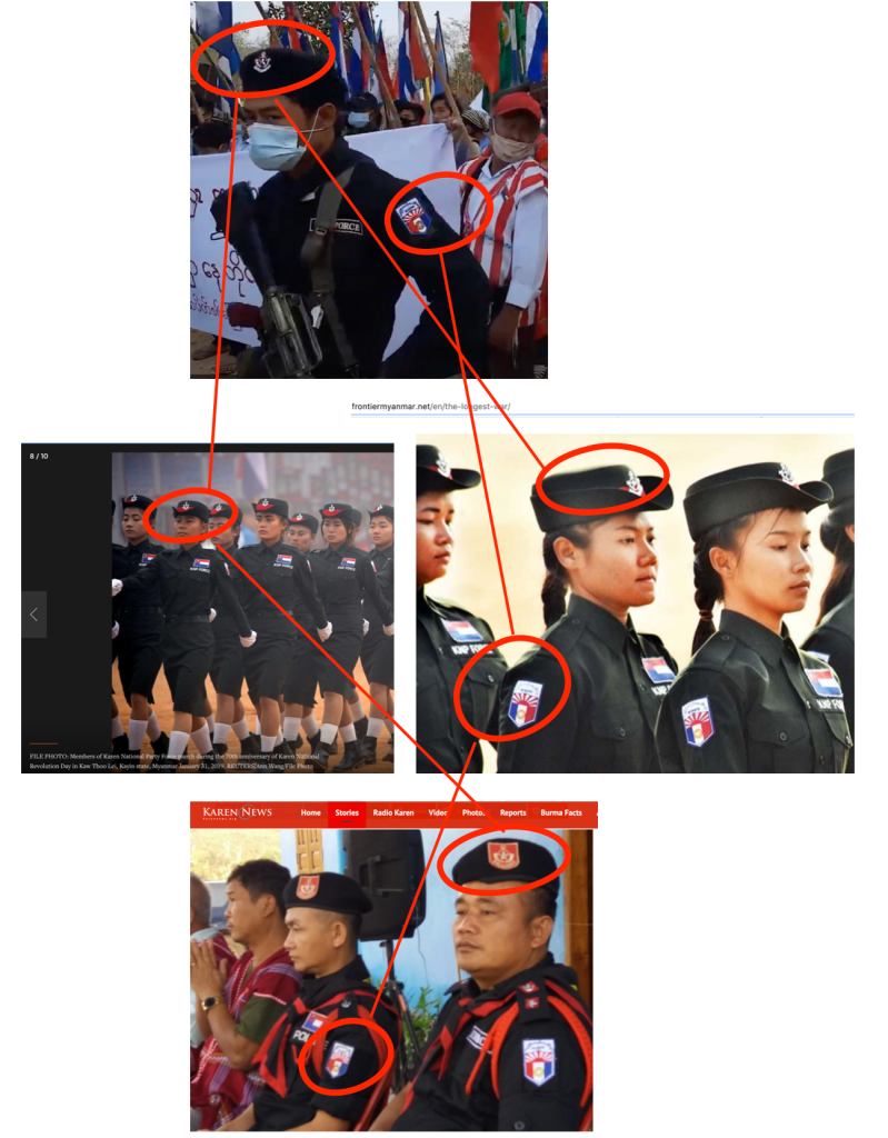 Comparison of the screenshot with photos from Karen News (bottom), Reuters (left, middle) and Frontier Myanmar (right, middle) shows the members of the KNPF donning the same cap and uniform with the same insignia.