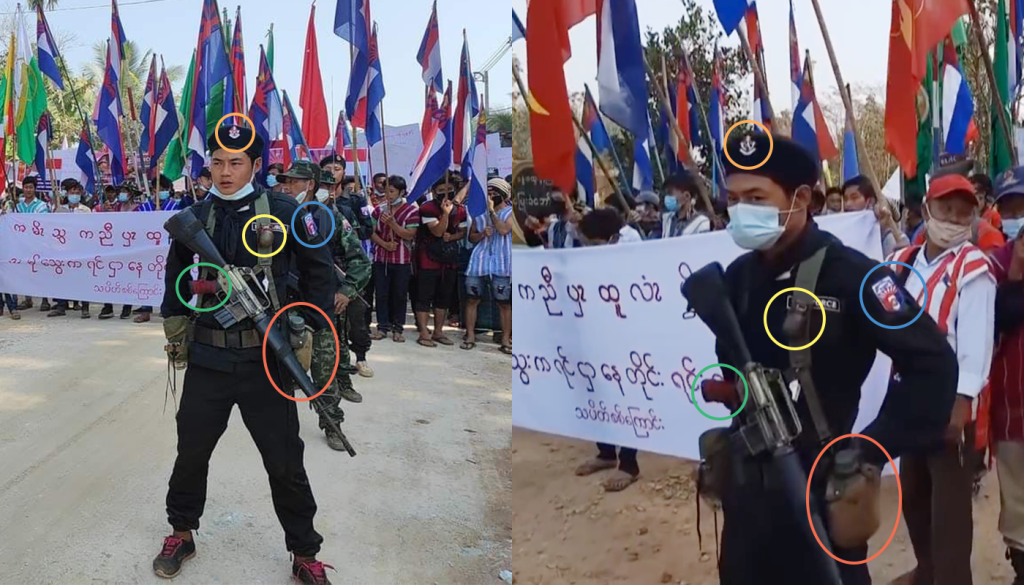 The screenshot of a video from Mizzima and the photo from the tweet show the same armed personnel wearing the same clothes and carrying the same objects.