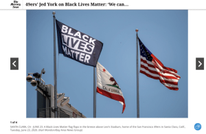 Screenshot from The Mercury News, showing a “Black Lives Matter” flag nearly identical to that in the image in question.