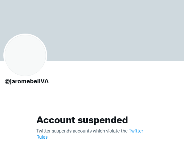 A screenshot of Jarome Bell's twitter account, which has been stripped of all content and left with an "account suspended" notice.
