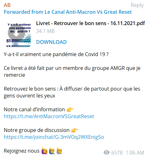 Screenshot of the message containing the booklet shared in the Telegram channel.