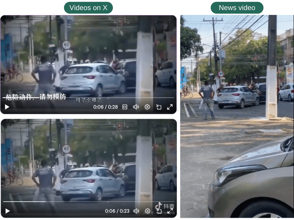 Screenshot comparison of the videos on X (left) and the news video report (right)