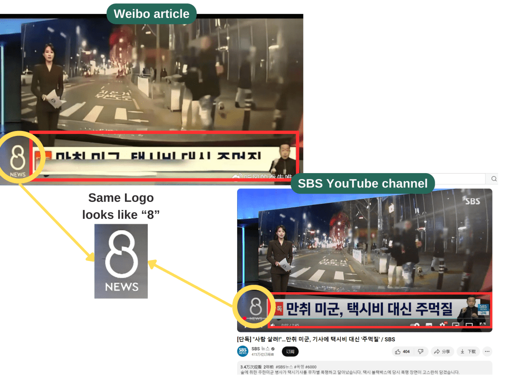 Comparison between the second screenshot used in the Weibo post and a creenshot from an old news report showing that the two are identical.