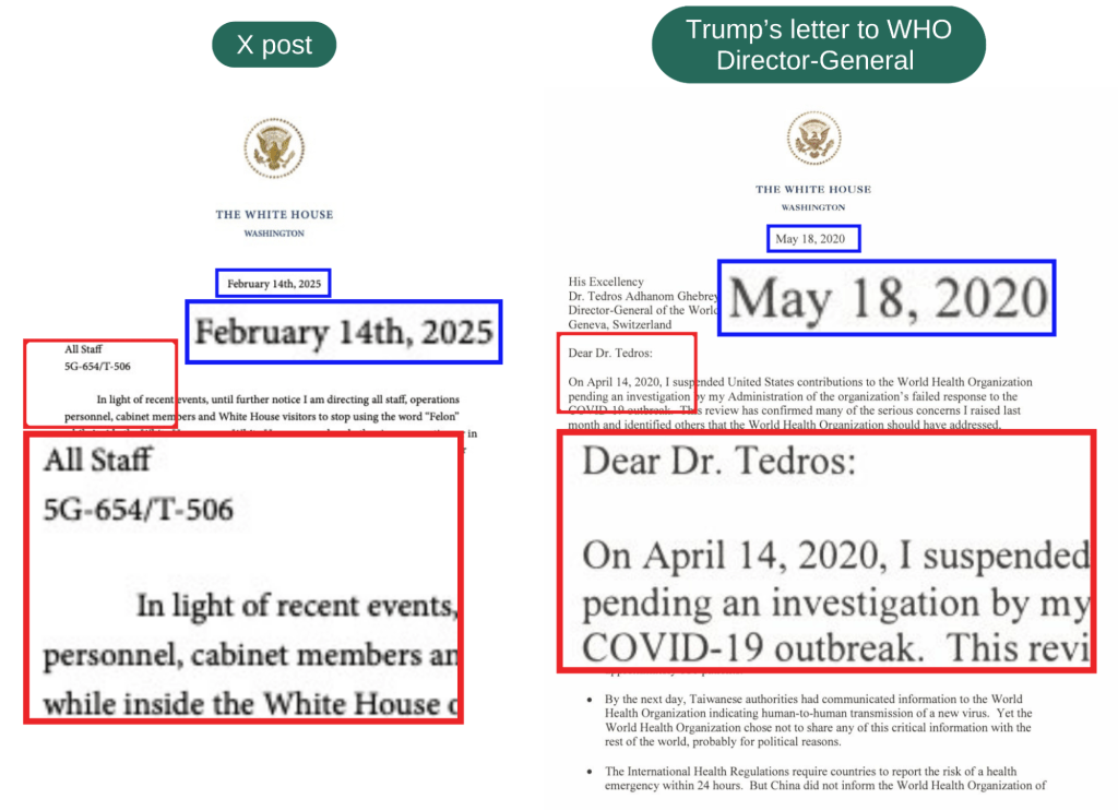 Comparison between the fabricated memo (left) and Trump’s letter to the Director-General of WHO in 2020 (right).