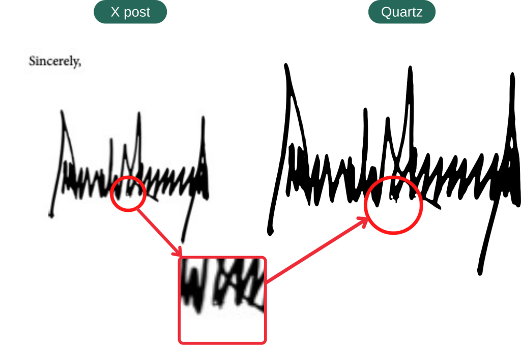 Comparison between the signature in the alleged memo (left) and the signature found on Wikipedia (right).