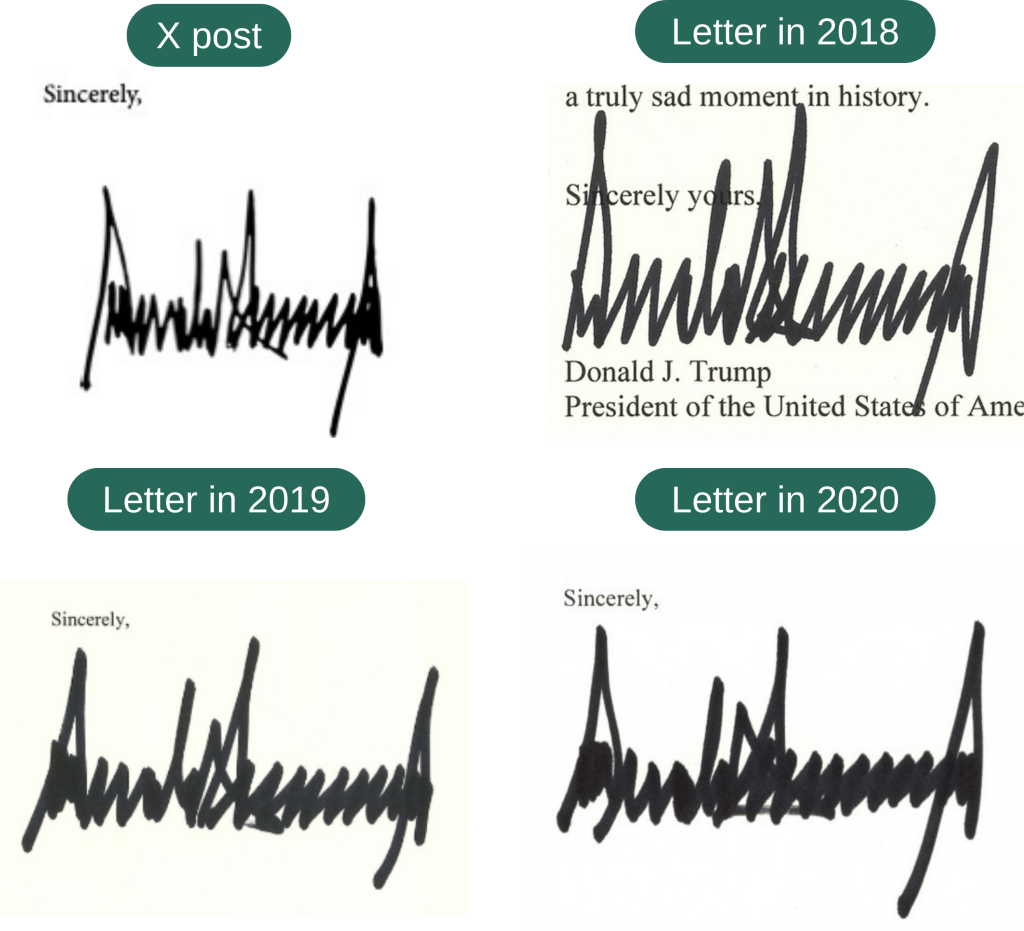 Comparison between the signature in the alleged memo (upper left) and signatures from authentic presidential letters.