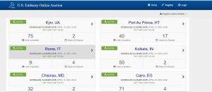 The screenshot from the official U.S Embassy Online Auction website, showing the lots in auction and hours to closure for the auctions holding in U.S. Embassies in different countries.