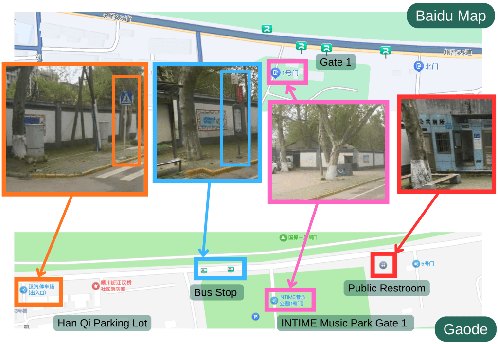 matching the locations in the video to Baidu street view, Baidu map and gaode map