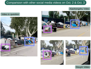 Comparison with other social media videos on Oct. 2 and Oct. 3, where keyframes containing identifiable items such as a white suitcase, and the tent order can be seen in the original video and the two other reference videos.