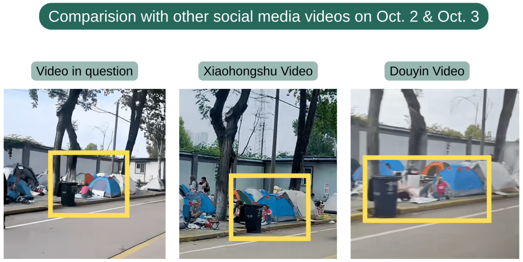Comparison with other social media videos on Oct. 2 and Oct. 3, where keyframes containing identifiable items such the order of a garbage bin, person in pink shirt and blue tent can be seen in all three videos
