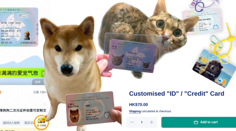 A photo showing the online purchasing of Hong Kong Pet Identity Cards along with two pets, one dog and one cat with their own ID card