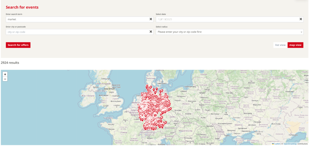 A screenshot of the Christmas market finder by GNTB, showing how many market related events there are