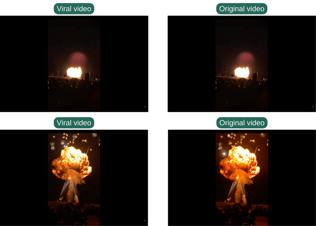 A visual comparison between the viral social media post (left) and a YouTube video (right) published on Aug. 11, 2018, confirms that the footage is identical.