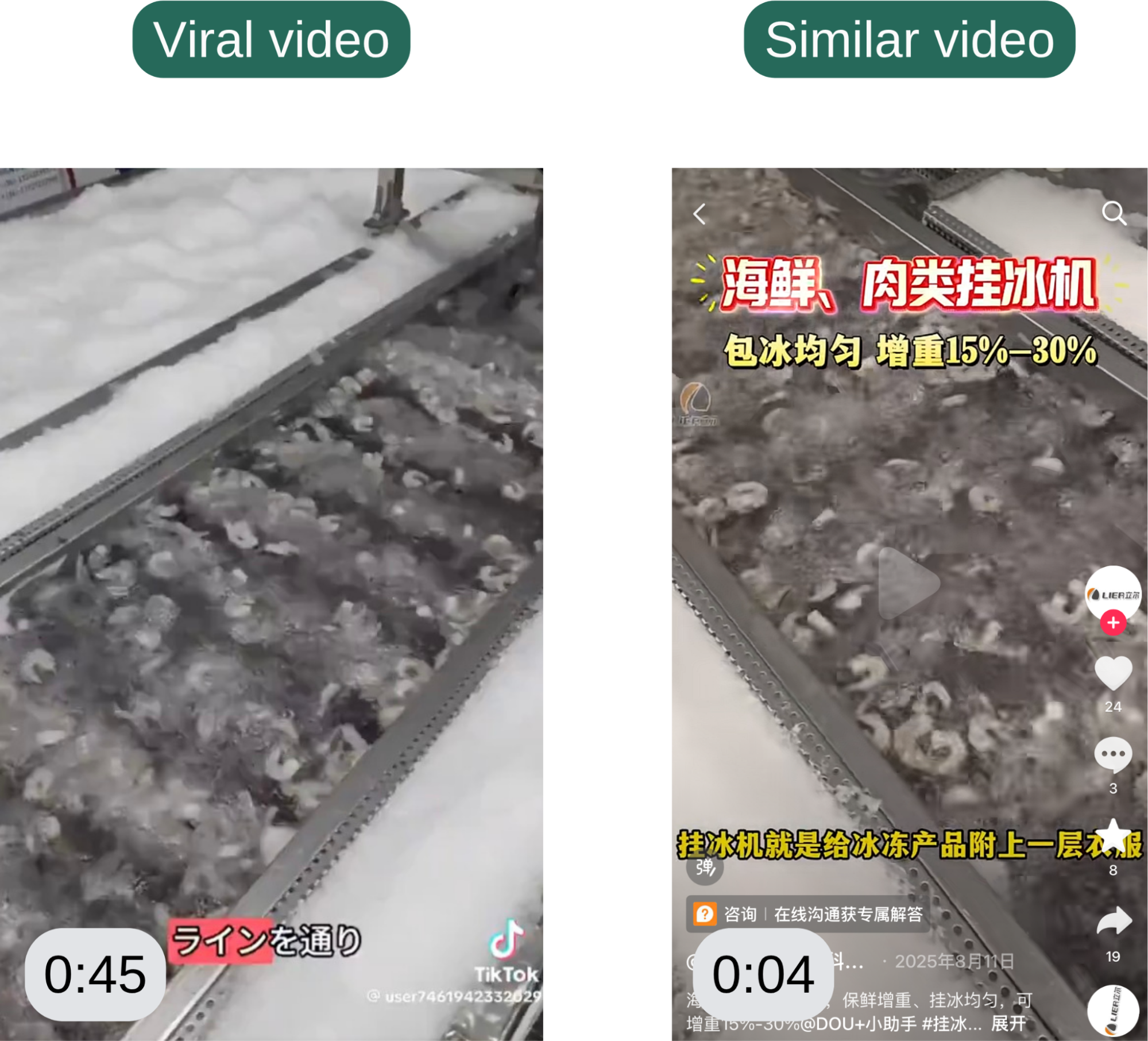 The machine seen in the viral video (left) is similar to the freezing machine in Douyin video (right)