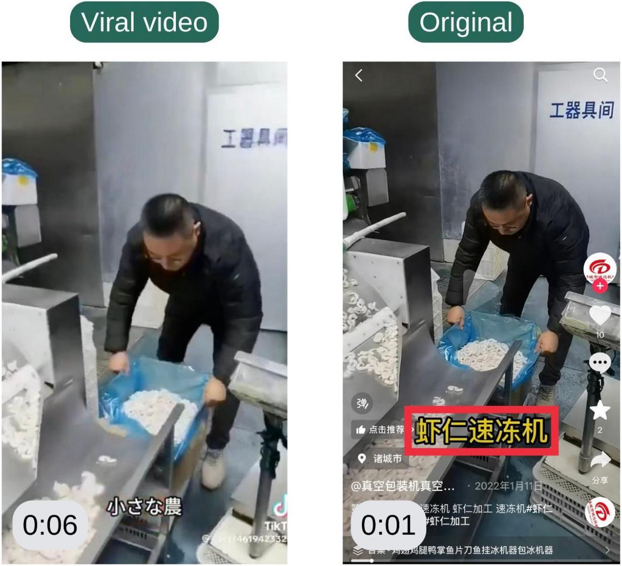 Overlaid text found in the original Douyin video (right), indicating that it is a “shrimp meat quick freezer”, has been removed in the misleading viral clip (left)