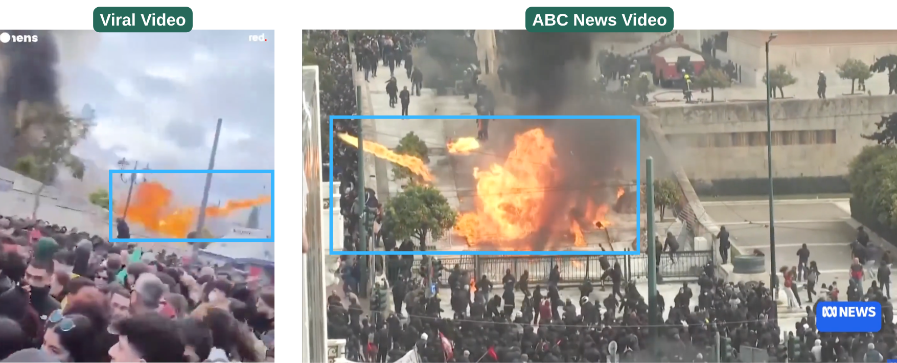 Riots in Athens in 2025 by an X user and ABC news